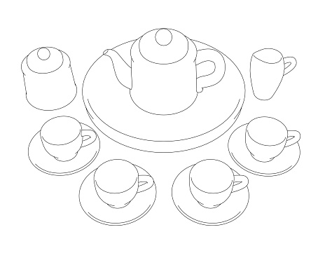 Tea Cups Ride Outline Outline Of Tea Set With Cups And Teapot From Black Lines Isolated On ...
