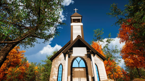 3D rendering. Outside american church with natural environment