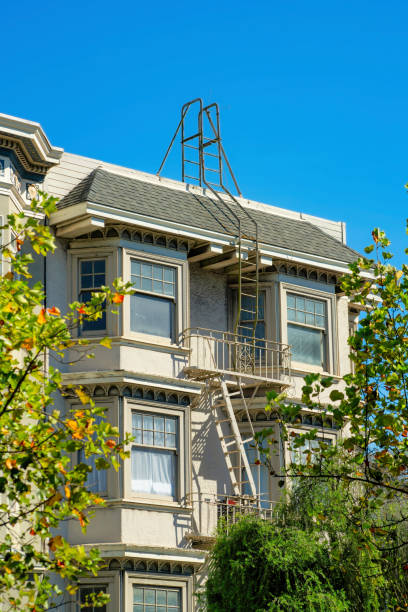 istock Brown wooden tiles on building or structure hidden between trees with fire escape ladder and blue sky background 1447840894