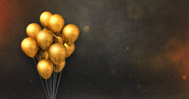 istock Greeting card background with gold balloons on black background 1447843574