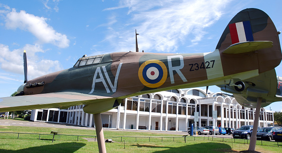 Hendon, London, UK - June 29, 2014: Historic aircraft on display at the main entrance of London R.A.F. Museum.