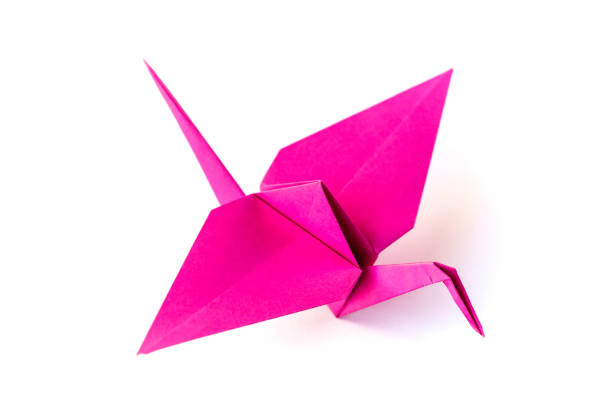 istock Pink paper crane origami isolated on a white background 1447843952