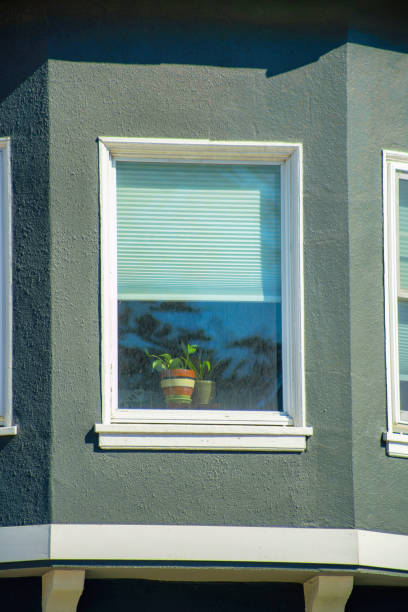 istock Lone window on house overlooking the front yard with white accent paint and gray stucco exterior in a neighborhood 1447848036