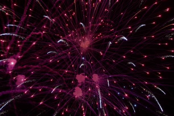 istock Beautiful view of a raspberry red firework burst in the night sky 1447849036