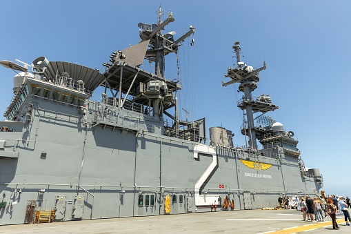 Los Angeles, United States – May 30, 2022: The beware of jet blast and rotors sign on the deck of the USS Bonhomme Richard