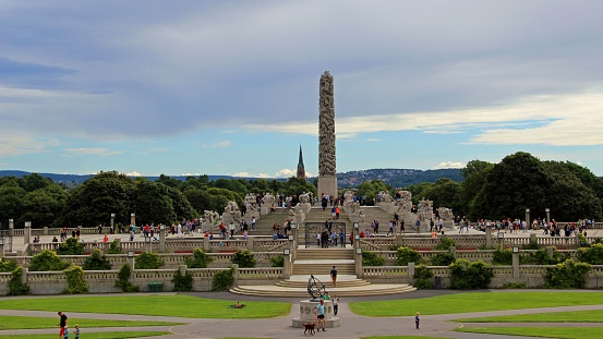 Oslo, Norway – August 13, 2016: View of the Vigeland Park in Oslo and crowds of tourists.
