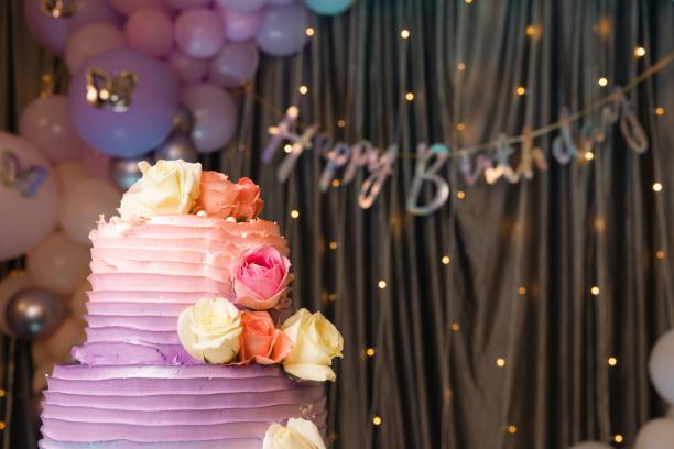 istock Birthday venue decorations with a beautiful cake 1447850962