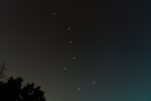 A low-angle closeup of Big Dipper (Plough) asterism on clear sky
