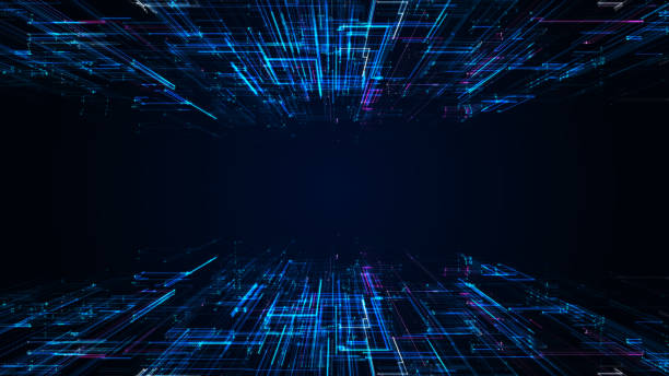 istock digital technology concept small particles connected to each other in a line a variety of colors on a dark background with an empty space in the middle. 1447853285