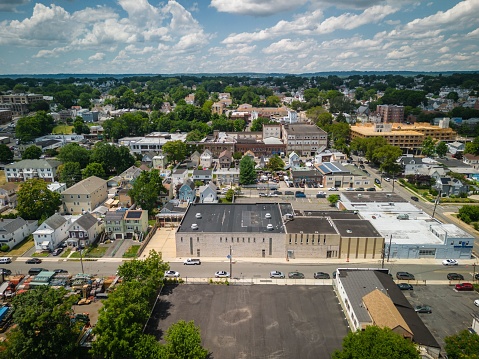 An aerial view of the city of North Arlington, the borough in Bergen County in New Jersey on a sunny day
