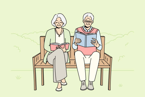 ilustrações, clipart, desenhos animados e ícones de casal maduro em livros de leitura de banco - casal de meia idade