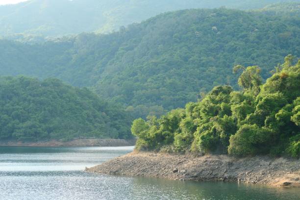istock Beautiful landscape at Shing Mun reservoir surrounded by tree-covered mountains. 1447860416