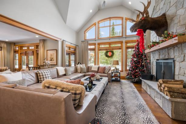 istock Interior view of a ski lodge with Christmas decorations 1447860435