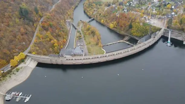 An aerial view of the Edersee Dam over the water in Germany