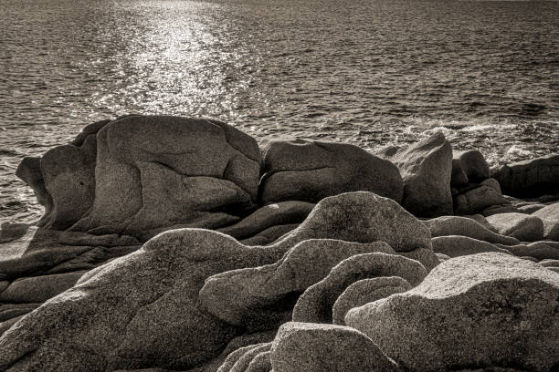 littoral Corse en noir et blanc paysage en noir et blanc du littoral granitique de Corse du sud en automne image en noir et blanc stock pictures, royalty-free photos & images