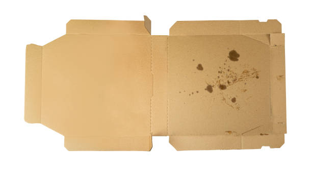 istock Greasy Pizza Box Isolated, Open Delivery Cardboard with Crumbs, Used Stained Container, Dirty Pizza Box 1447864424