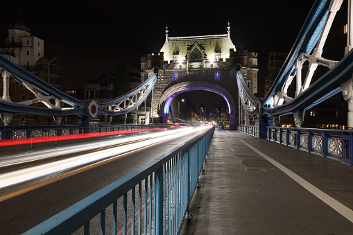 A scenic shot of the Tower bridge at night, long exposure