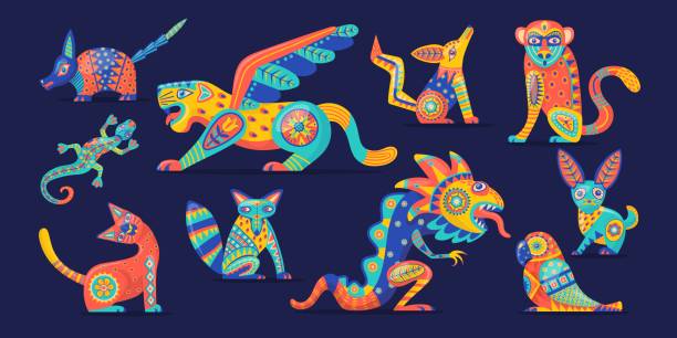 Alebrije. Traditional mexican folklore isolated creatures sculptures bird ornament feathers budgerigar parrot armadillo tribal companion huichol handicraft neat vector illustration Alebrije. Traditional mexican folklore isolated creatures sculptures bird ornament feathers budgerigar parrot armadillo tribal companion huichol handicraft vector illustration of folklore armadillo animal stickers stock illustrations
