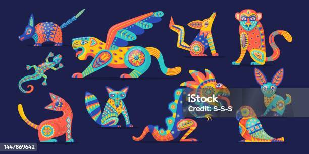 Alebrije Traditional Mexican Folklore Isolated Creatures Sculptures Bird Ornament Feathers Budgerigar Parrot Armadillo Tribal Companion Huichol Handicraft Neat Vector Illustration Stock Illustration - Download Image Now