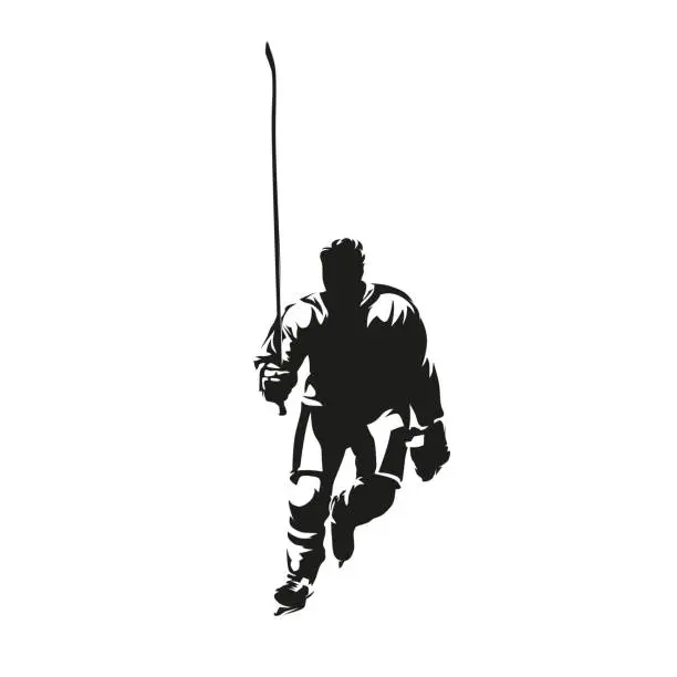 Vector illustration of Ice hockey player greets fans, isolated vector silhouette, ink drawing. Ice hockey logo. Front view. Three stars, best player in the game