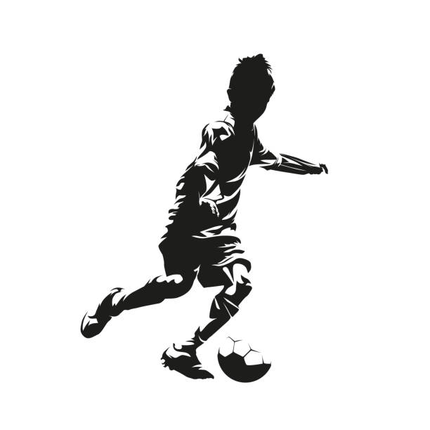 illustrations, cliparts, dessins animés et icônes de petit garçon jouant au football. footballeur. enfant tapant dans le ballon, silhouette vectorielle isolée, dessin à l’encre - soccer child silhouette sport