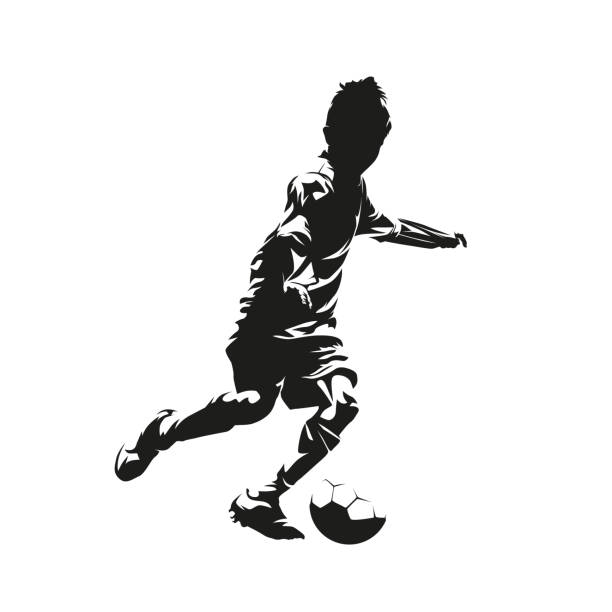 маленький мальчик играет в футбол. футболист. ребенок пинает мяч, изолированный векторный силуэт, рисунок туш�ью - silhouette back lit little boys child stock illustrations