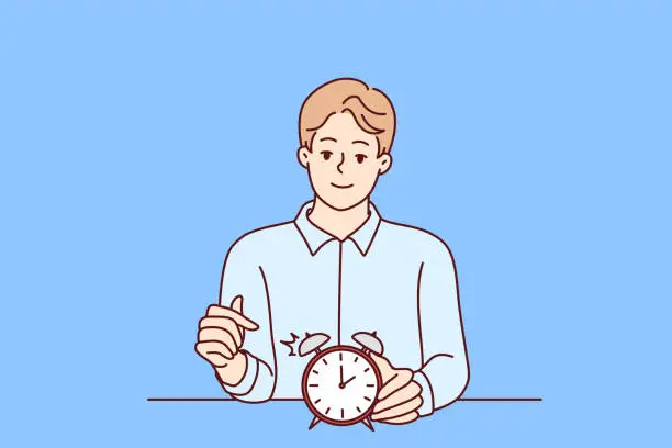 Vector illustration of Smiling man points finger at alarm clock to remind of time management at works. Vector image