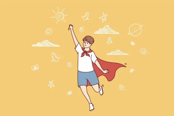 Vector illustration of Teenager boy in superhero cape stretches hand up and represents flight to save people. Vector image