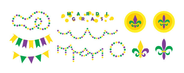 Mardi Gras carnival illustration set, decorative elements for festival or masquerade. Shrove Tuesday, Fat Tuesday. Mardi Gras carnival illustration set, decorative elements for festival or masquerade. Beads and throws, festive pennants and fleur de lis. Shrove Tuesday, Fat Tuesday, celebration and march parade. purple and gold masquerade masks stock illustrations