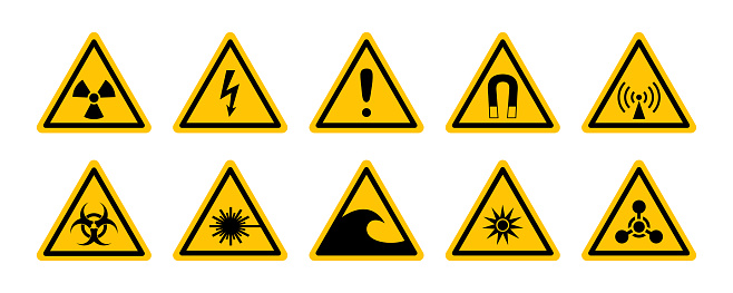 Triangular daranger signs, symbols set. Informing about risks and cautions. Triangle pictogram, icons for radiation, biological and chemical hazards. Symbol, sign of high voltage, radio emission, etc.