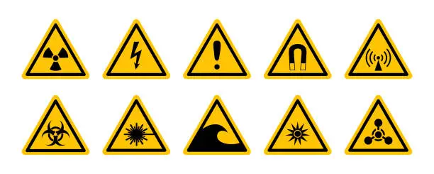 Vector illustration of Triangular daranger signs, symbols set. Informing about risks and cautions. Triangle pictogram - hazards radiation icons