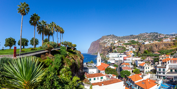 View on the town of Camara de Lobos with church travel panorama on Madeira island in Portugal