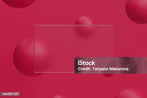 istock 3d abstract background. Glassmorphism concept with geometric shapes - sphere, ball, bubble. Frosted glass effect. Trendy viva magenta color of the 2023 year. Vector illustration realistic glass morphism 1447877317