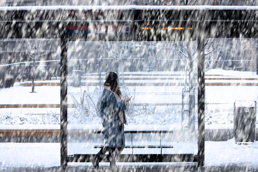 Portrait of young beautiful woman in coat and hat enjoing the first snow