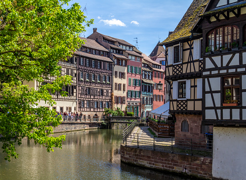 Idyllic waterside impression of Strasbourg, a city at the Alsace region in France