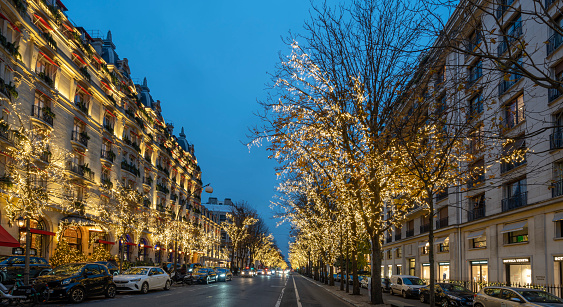 View of facade of Plaza Athenee Hotel with christmas decoration