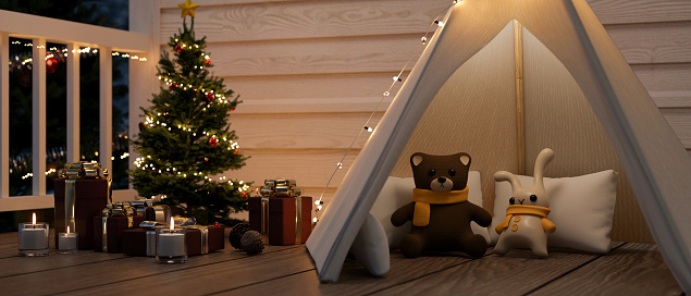 Cozy beautiful home terrace on Christmas holiday design with beautiful Christmas tree, candles, gift boxes and kids play tent with plush toys on wooden floor. 3d render, 3d illustration
