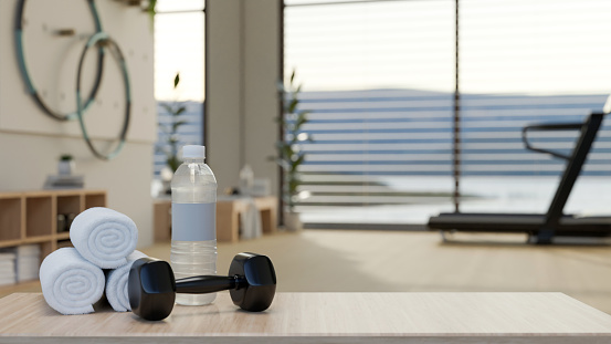 close-up image, Copy space on wooden bench with dumbbell, towels, and a bottle of water over blurred background of modern fitness room. 3d render, 3d illustration