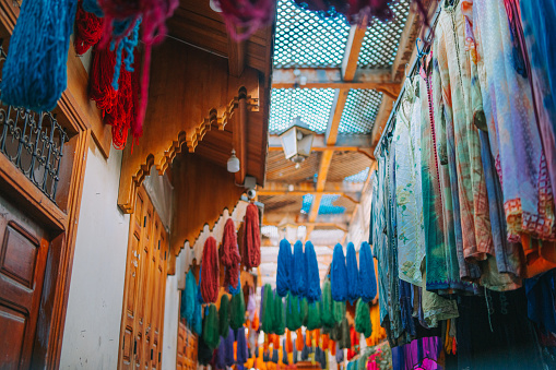 Multi-Coloured dyed yarn hanging dried on the streets of Fez, Morocco
