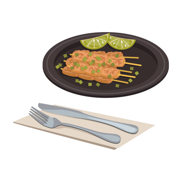 ilustrações de stock, clip art, desenhos animados e ícones de indonesian national food. sate. barbecue meat with barbecues. - cooked barbecue eating serving