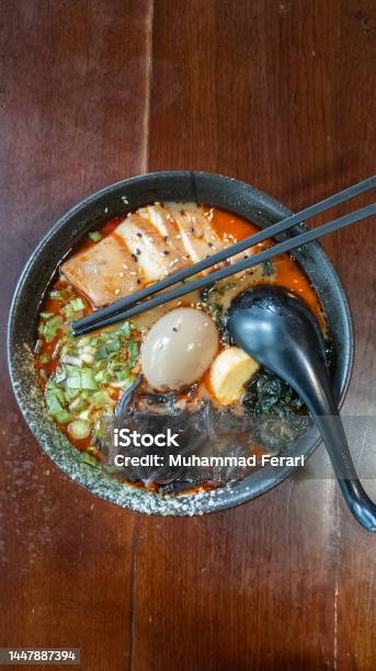 Top View Of Spicy Miso Ramen Stock Photo - Download Image Now - Asia, Bean, Boiled Egg