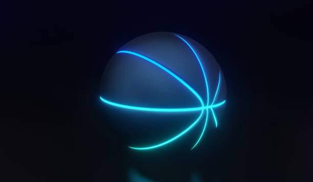 istock 3D Rendering basketball with bright and dark blue glowing 1447887434