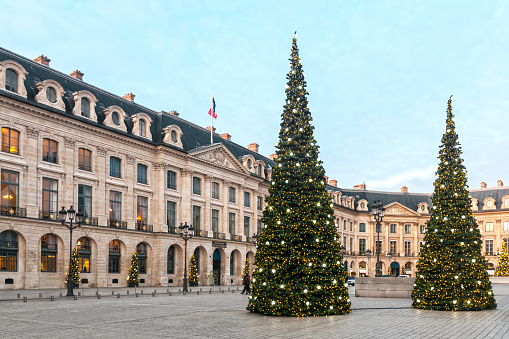 Christmas trees on Place Vendôme, famous for its jewelry shops. Paris in France.