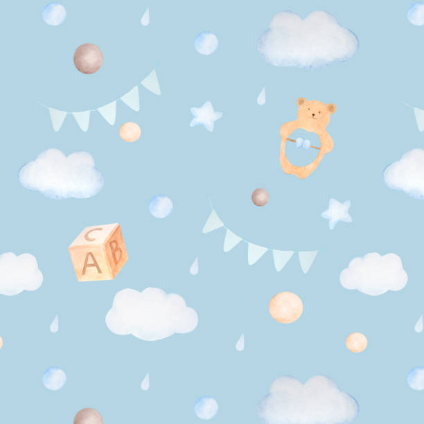 istock Watercolor seamless pattern with clouds, teething toy bear, cube, balls, flags, drops and stars in blue colors on blue background 1447888385