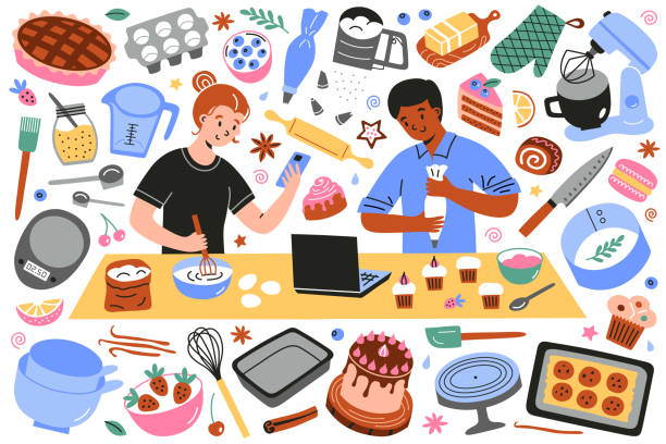 illustrazioni stock, clip art, cartoni animati e icone di tendenza di set di disegni a mano di cottura domestica, persone dei cartoni animati che cucinano ricette su internet, icone scarabocchiate di utensili da cucina, raccolta di alimenti per pasticceria, tutorial di blog di cibo - baking computer icon symbol cooking