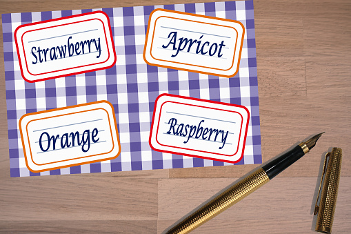 Jam jar labels Orange Apricot Raspberry Strawberry  Handwritten in English with a fountain pen
