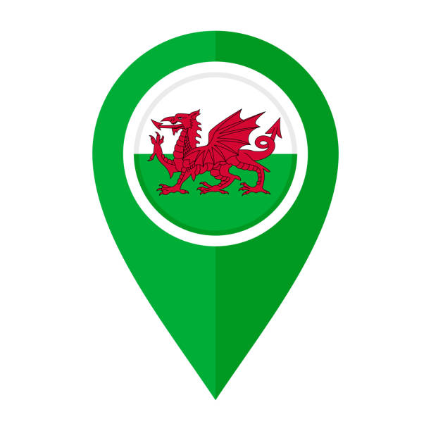 плоский значок маркера карты с флагом уэльса, изолированным на белом фоне - wales cardiff map welsh flag stock illustrations