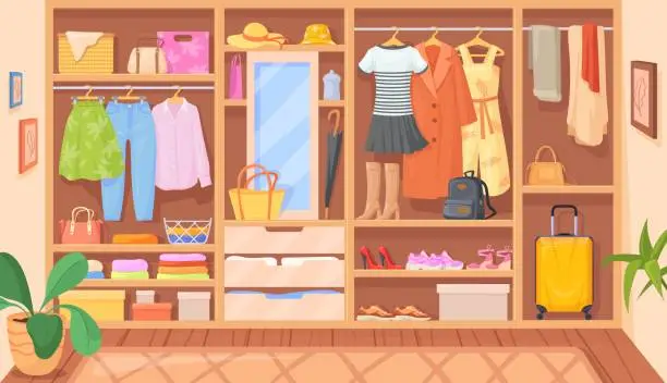 Vector illustration of Clothes inside wardrobe. Inner space closet cartoon clothes on hanger, personal cupboard room fashion handbag and many things footwear bag luxury shoes box neat vector illustration