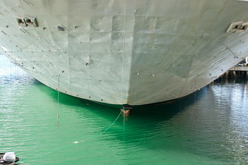 Closeup of the hull of a retired military battleship