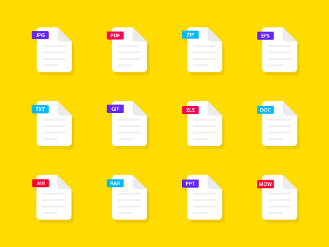 File formats icons set. Document types. Document file icons. Pdf, doc, jpg, xls, zip, rar, txt, avi, mow, eps. Icons for download. Graphic templates for ui in flat style. Vector illustration